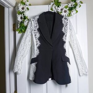 Lace Blazer Jacket Black White Lace Sleeves NWT Kelly Obi New York